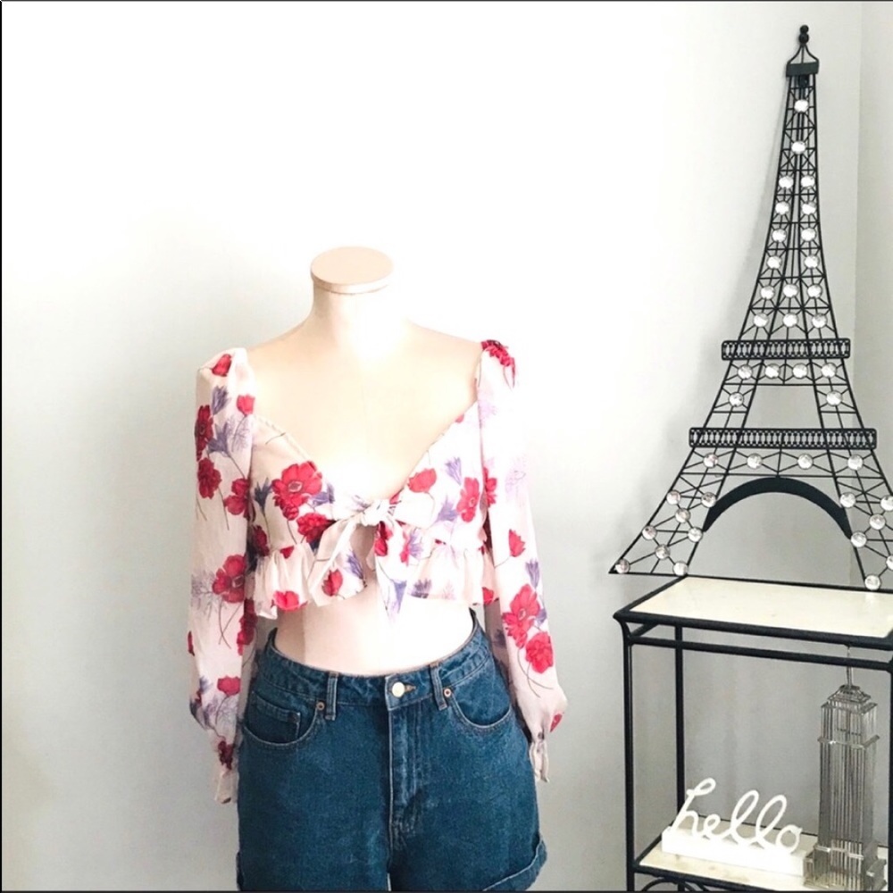 Revolve Front Tie Ruffle Cropped Blouse - Picture 5 of 6